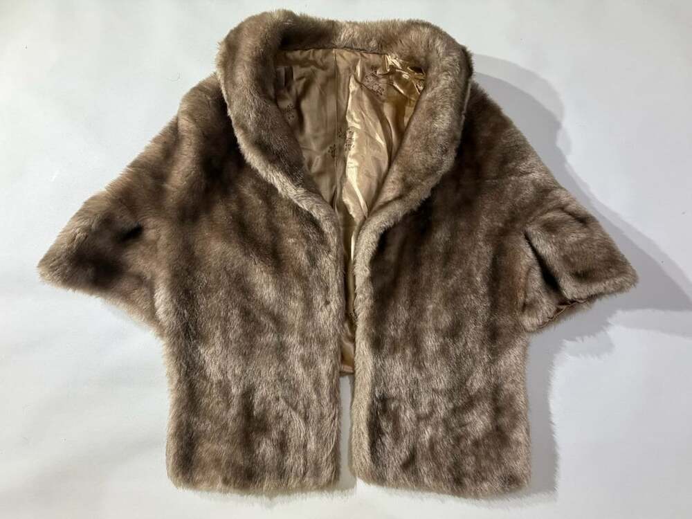 Vintage Faux Fur Stole Wrap Shawl Capelet Brown Satin Lined